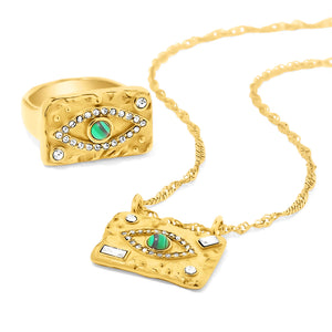 FAX Jewelry | Mala Ring | Evil Eye Ring 18 karat gold plating with malachite and zircon stones