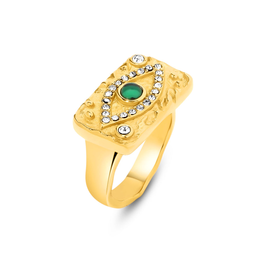 FAX Jewelry | Mala Ring | Evil Eye Ring 18 karat gold plating with malachite and zircon stones
