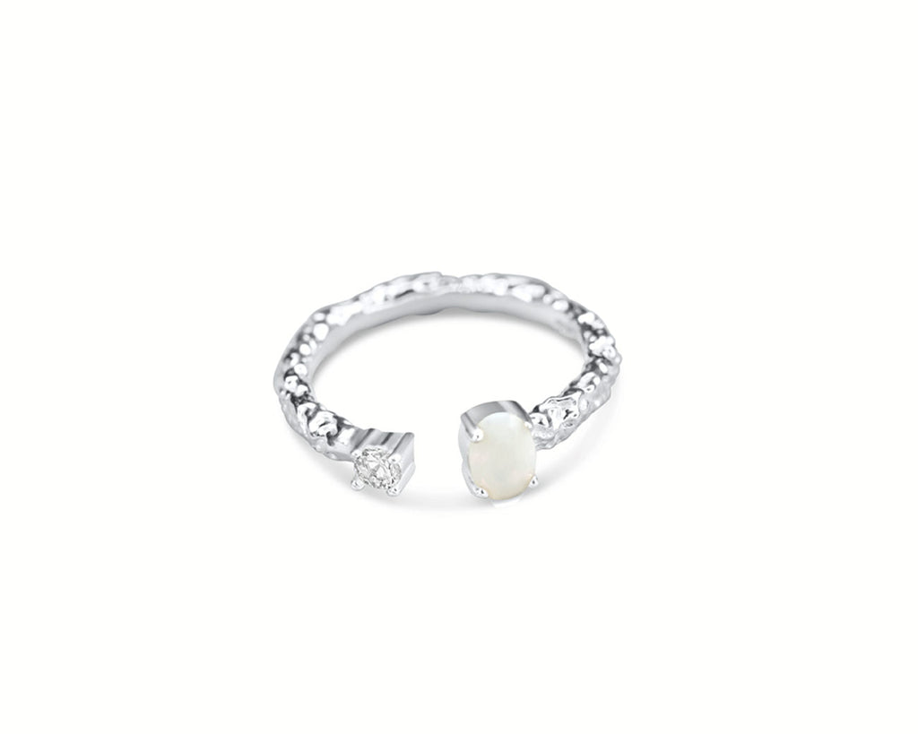 FAX JEWELRY | Rhodium Plated 925 Sterling Silver Ring | Eira Ring with Moonstone and Clear Zircon stones