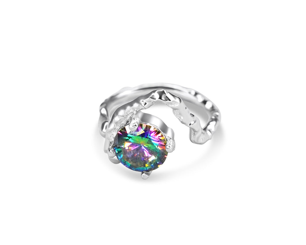 FAX JEWELRY | Rhodium Plated 925 Sterling Silver Ring | Janus Ring with circle cut Vertail zircon center stone