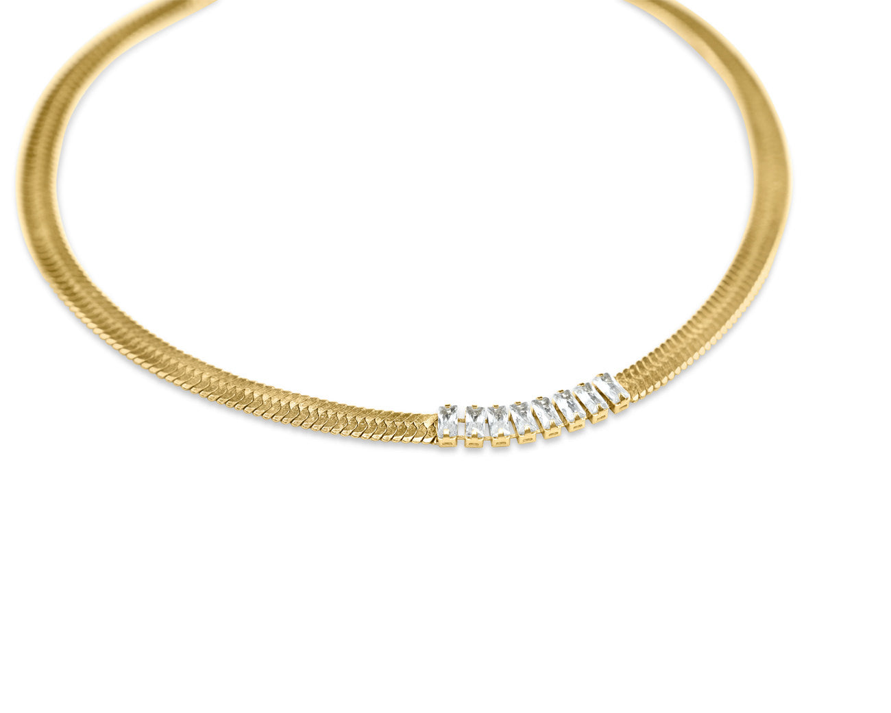 FAX Jewelry | 'Say Less' 18K Gold Plated Baguette Herringbone Chain Necklace | 18-karat gold plated stainless steel | Detail