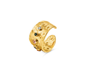 FAX Jewelry | 'Wild Thing' 18 karat gold plated stainless steel hammered ring with bezel set stones | One size adjustable ring | Side View