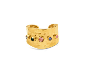 FAX Jewelry | 'Wild Thing' 18 karat gold plated stainless steel hammered ring with bezel set stones | One size adjustable ring