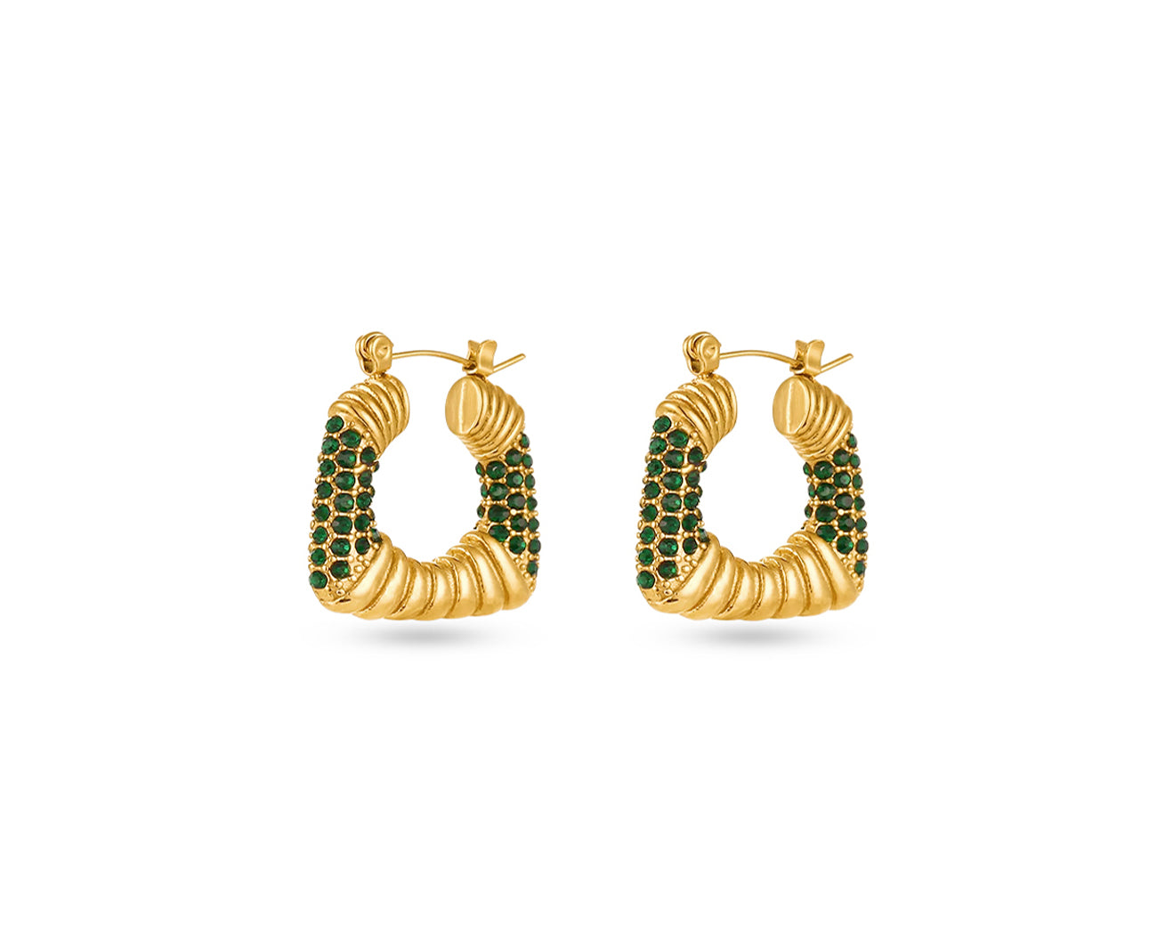 FAX Jewelry | 'Cleo' Square Hoop Earrings | Latch Back | Emerald Green Zircon Stones Against 18 karat gold plated stainless steel