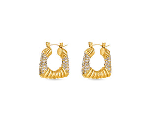 FAX Jewelry | 'Cleo' Square Hoop Earrings | Latch Back | White Green Zircon Stones Against 18 karat gold plated stainless steel