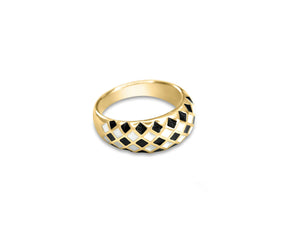 FAX Jewelry | FAX Checker | 18-karat gold plated stainless steel ring set with black and white enamel | Side view