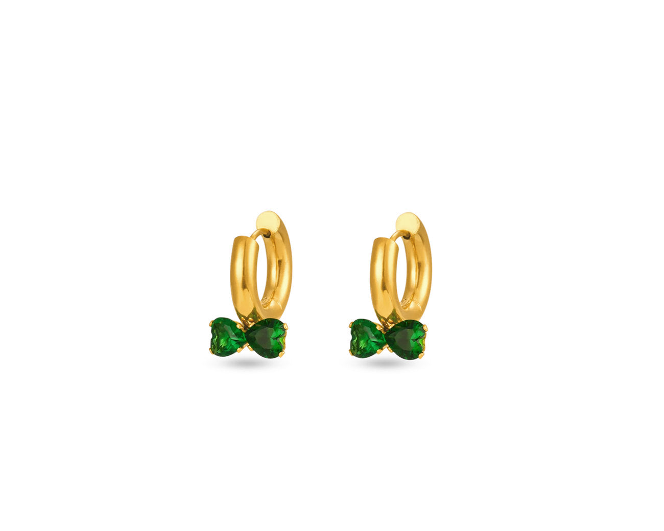FAX Jewelry | Hearts Aflutter gold huggie hoop earrings | 18 karat gold plated stainless steel with two emerald green heart-shaped stones