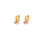 FAX Jewelry | Hearts Aflutter gold huggie hoop earrings | 18 karat gold plated stainless steel with two pink heart-shaped stones
