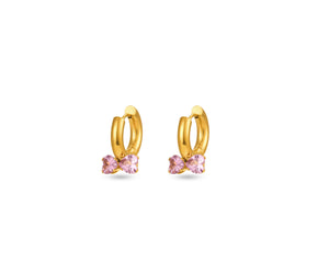 FAX Jewelry | Hearts Aflutter gold huggie hoop earrings | 18 karat gold plated stainless steel with two pink heart-shaped stones