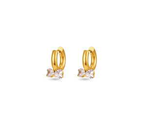 FAX Jewelry | Hearts Aflutter gold huggie hoop earrings | 18 karat gold plated stainless steel with two white heart-shaped stones