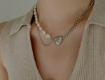 FAX Jewelry | 'That's Amoré' Natural Pearl and Cuban Chain Link Heart Pendant Necklace | Model