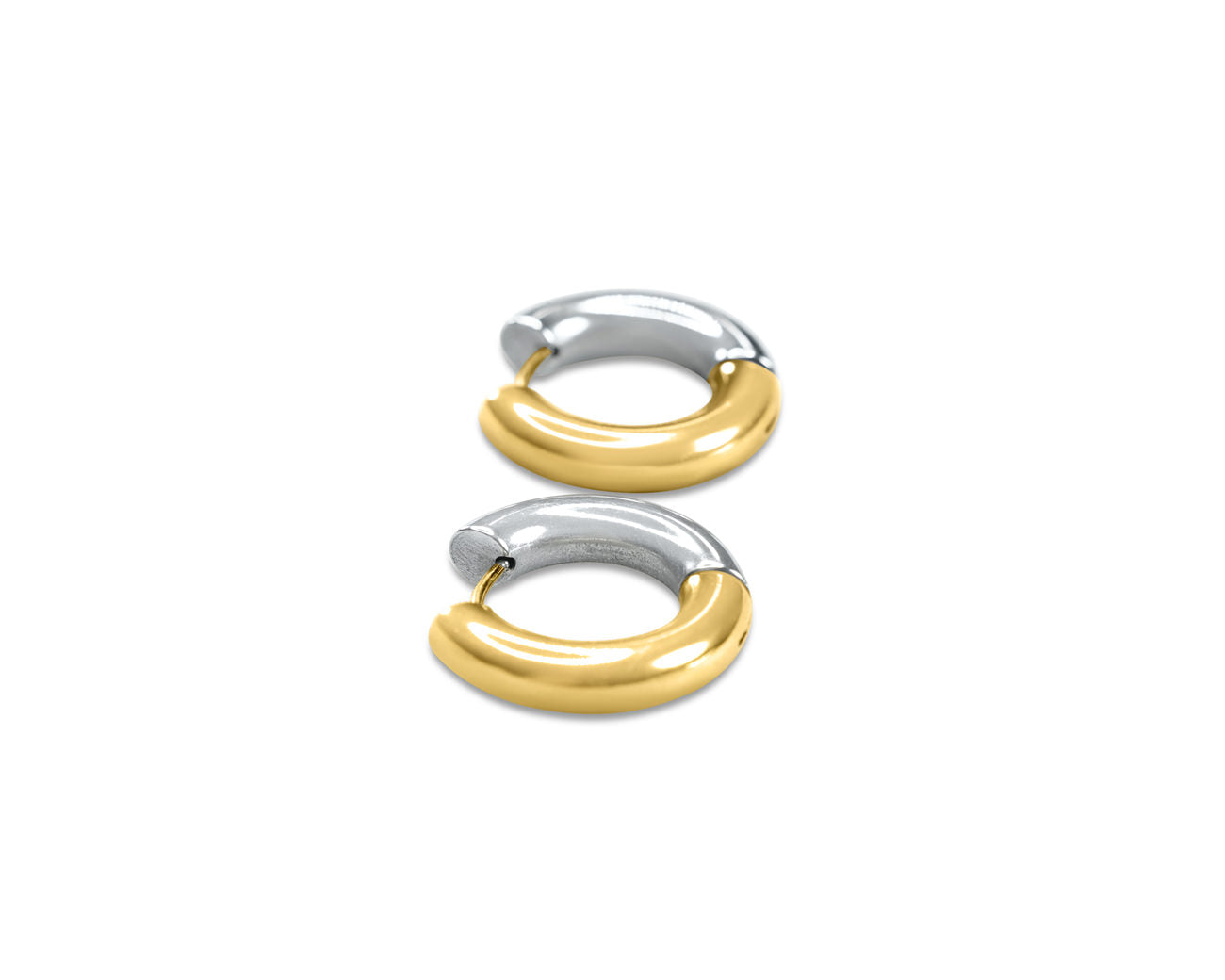 FAX Jewelry | 'Two-Faced' Midi Hoop Huggie Earrings | 18-karat gold plated stainless steel hoop earrings with huggie closure | side view