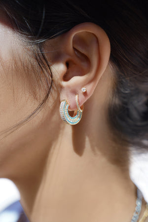 FAX jewelry | Baby Blues Gold & Turquoise Mini Hoops | Model