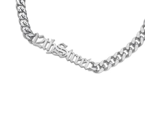 FAX Jewelry | Gothic Font Custom Name Necklace | Cuban chain stainless steel | Side view