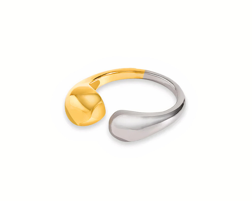 FAX Jewelry | Alexis Two Tone Adjustable Rain Drop Ring | 18 karat gold plated stainless steel ring