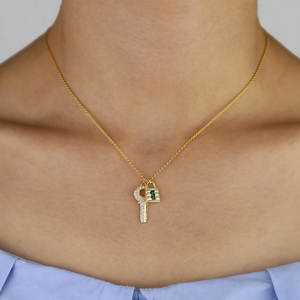 FAX Jewelry | Lockdown 14K Gold and Emerald Necklace | Model View